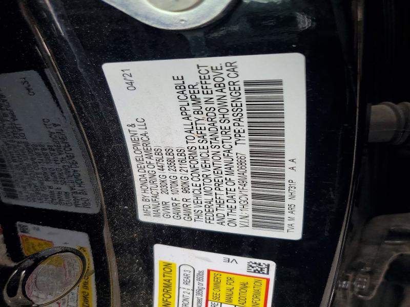 Продаж на аукціоні авто 2021 Honda Accord, vin: 1HGCV1F49MA068667, номер лоту: 57068606