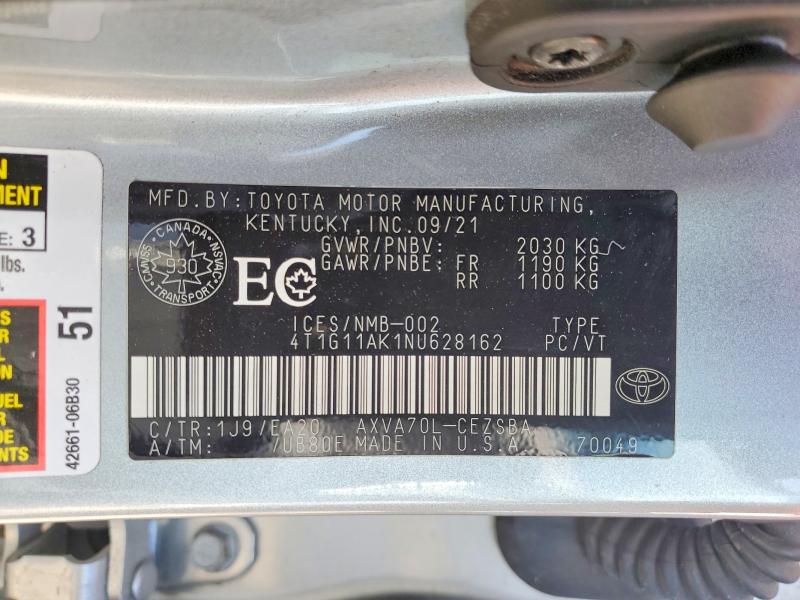 Продажа на аукционе авто 2022 Toyota Camry, vin: 4T1G11AK1NU628162, номер лота: 55345906