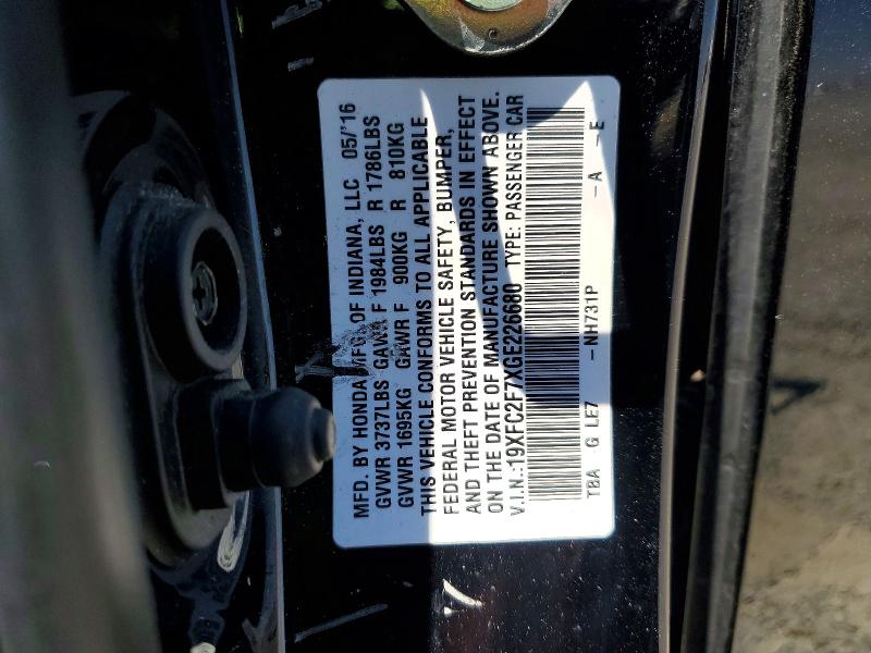 Aukcja sprzedaży 2016 Honda Civic, vin: 19XFC2F7XGE226680, numer aukcji: 57596756