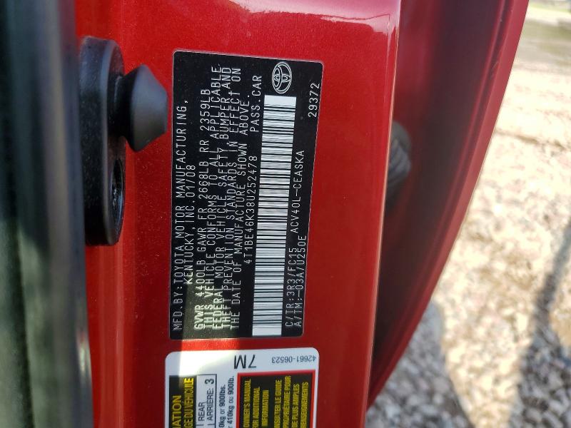 2008 Toyota Camry მანქანა იყიდება აუქციონზე, vin: 4T1BE46K38U252478, აუქციონის ნომერი: 57256986