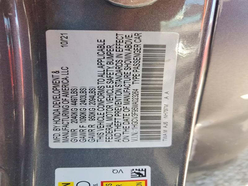 2021 Honda Accord მანქანა იყიდება აუქციონზე, vin: 1HGCV3F95MA023264, აუქციონის ნომერი: 56781956