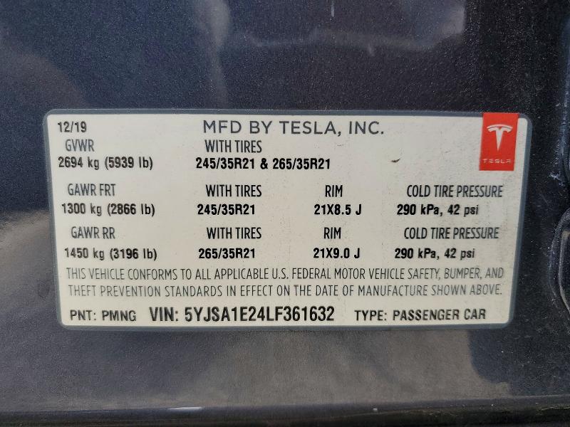 56134286 :رقم المزاد ، 5YJSA1E24LF361632 vin ، 2020 Tesla Model S مزاد بيع