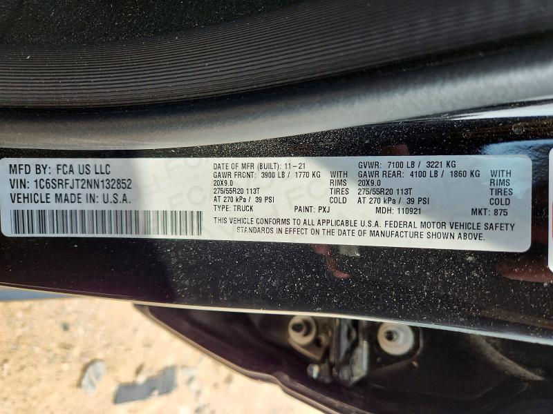 58835766 :رقم المزاد ، 1C6SRFJT2NN132852 vin ، 2022 Dodge 1500 Laramie مزاد بيع