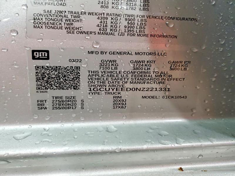 55389796 :رقم المزاد ، 1GCUYEED0NZ221331 vin ، 2022 Chevrolet Silverado Ltd مزاد بيع