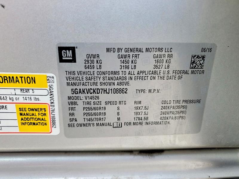 2017 Buick Enclave მანქანა იყიდება აუქციონზე, vin: 5GAKVCKD7HJ108862, აუქციონის ნომერი: 56481286