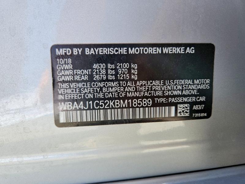 57755946 :رقم المزاد ، WBA4J1C52KBM18589 vin ، 2019 Bmw 430i مزاد بيع