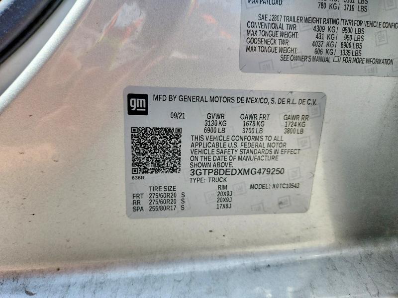 Aukcja sprzedaży 2021 Gmc Sierra, vin: 3GTP8DEDXMG479250, numer aukcji: 57042236