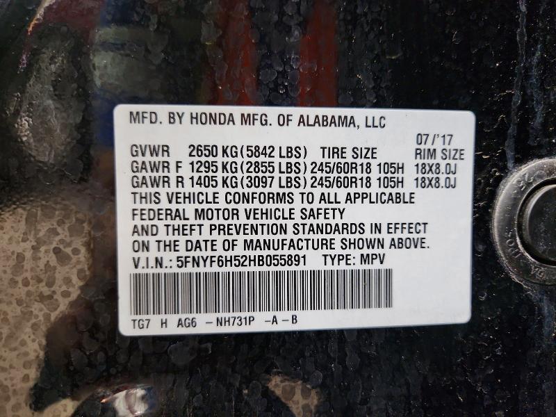 Продаж на аукціоні авто 2017 Honda Pilot, vin: 5FNYF6H52HB055891, номер лоту: 57623366