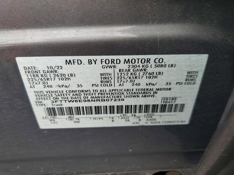 Aukcja sprzedaży 2022 Ford Maverick, vin: 3FTTW8E98NRB07239, numer aukcji: 58295966