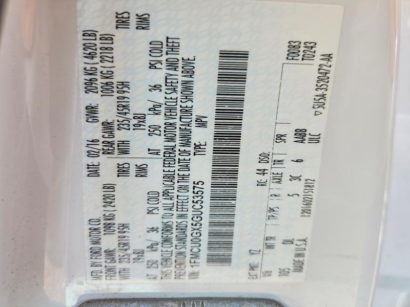 57263696 :رقم المزاد ، 1FMCU0GX5GUC53575 vin ، 2016 Ford Escape مزاد بيع
