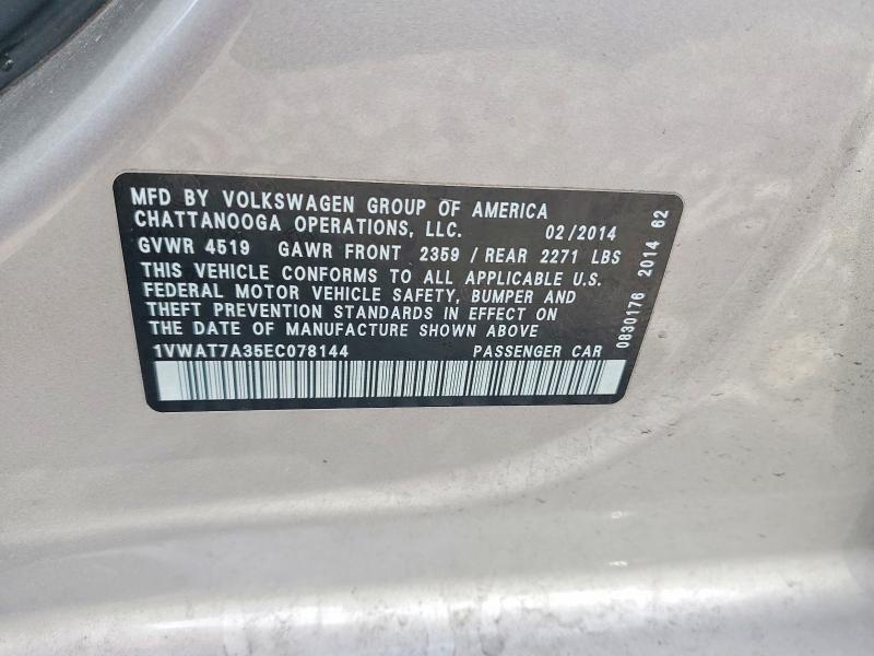 56652376 :رقم المزاد ، 1VWAT7A35EC078144 vin ، 2014 Volkswagen Passat مزاد بيع