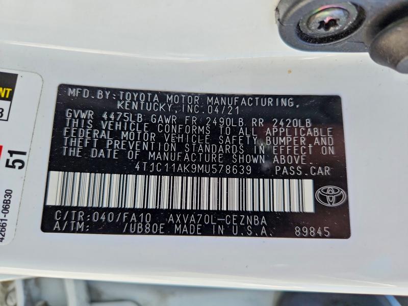 2021 Toyota Camry მანქანა იყიდება აუქციონზე, vin: 4T1C11AK9MU578639, აუქციონის ნომერი: 57406106