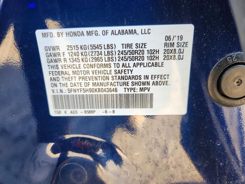 Aukcja sprzedaży 2019 Honda Pilot, vin: 5FNYF5H90KB043646, numer aukcji: 58598256