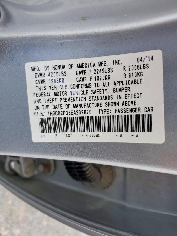 2014 Honda Accord მანქანა იყიდება აუქციონზე, vin: 1HGCR2F35EA202870, აუქციონის ნომერი: 57630506