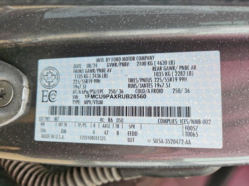Aukcja sprzedaży 2024 Ford Escape, vin: 1FMCU9PAXRUB28560, numer aukcji: 57172246