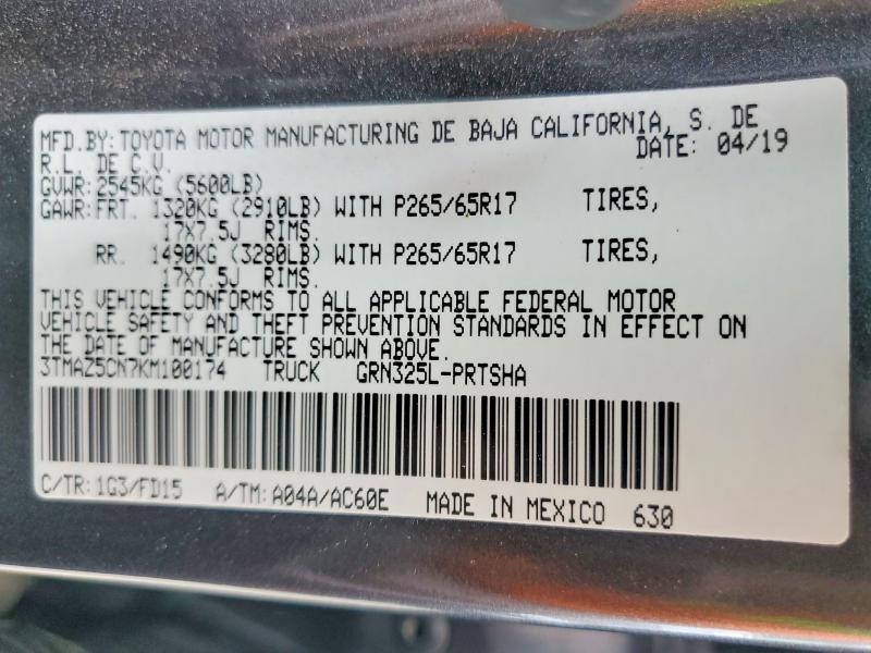 58786606 :رقم المزاد ، 3TMAZ5CN7KM100174 vin ، 2019 Toyota Tacoma مزاد بيع