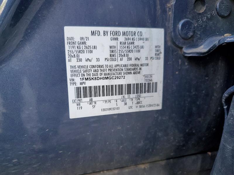 55409676 :رقم المزاد ، 1FMSK8DH0MGC29272 vin ، 2021 Ford Explorer مزاد بيع