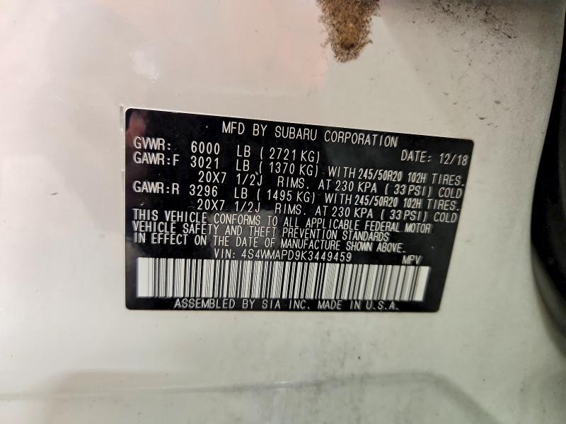 2019 Subaru Ascent მანქანა იყიდება აუქციონზე, vin: 4S4WMAPD9K3449459, აუქციონის ნომერი: 55430356