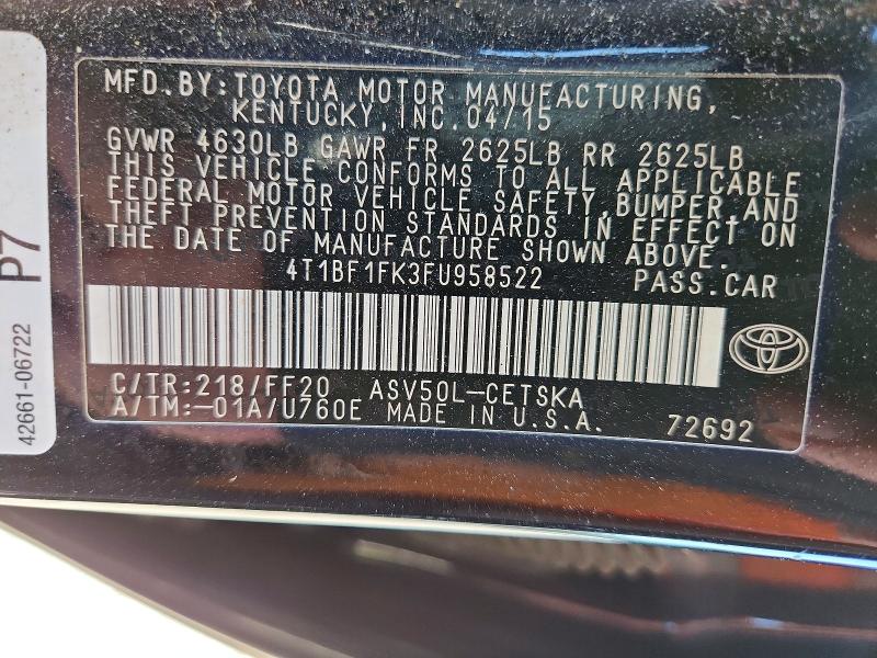 56648786 :رقم المزاد ، 4T1BF1FK3FU958522 vin ، 2015 Toyota Camry مزاد بيع