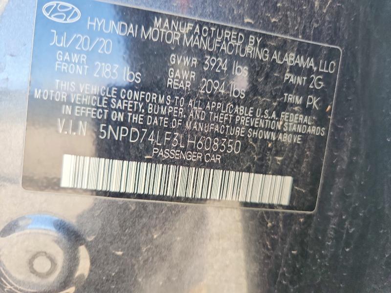 58461156 :رقم المزاد ، 5NPD74LF3LH608350 vin ، 2020 Hyundai Elantra مزاد بيع