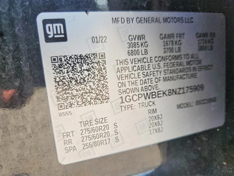 57076016 :رقم المزاد ، 1GCPWBEK8NZ175909 vin ، 2022 Chevrolet Silverado Ltd مزاد بيع