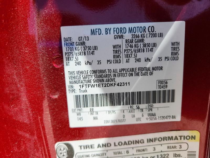 57332316 :رقم المزاد ، 1FTFW1ET2DKF42311 vin ، 2013 Ford F150 مزاد بيع