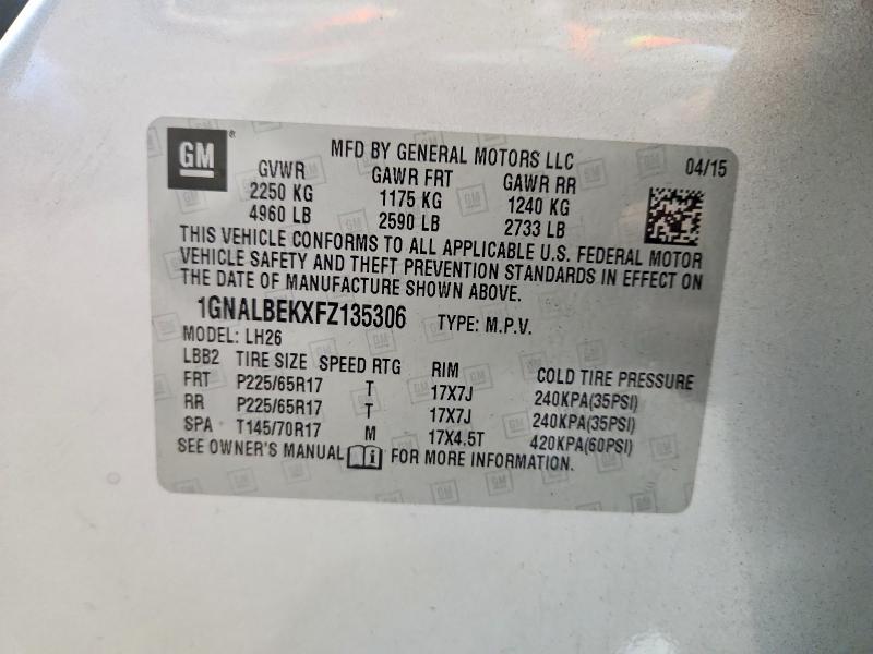57308346 :رقم المزاد ، 1GNALBEKXFZ135306 vin ، 2015 Chevrolet Equinox مزاد بيع
