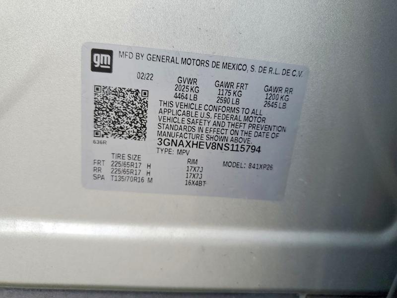 2022 Chevrolet Equinox მანქანა იყიდება აუქციონზე, vin: 3GNAXHEV8NS115794, აუქციონის ნომერი: 58291006