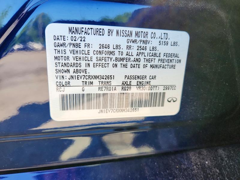 55902556 :رقم المزاد ، JN1EV7CRXNM342651 vin ، 2022 Infiniti Q50 مزاد بيع