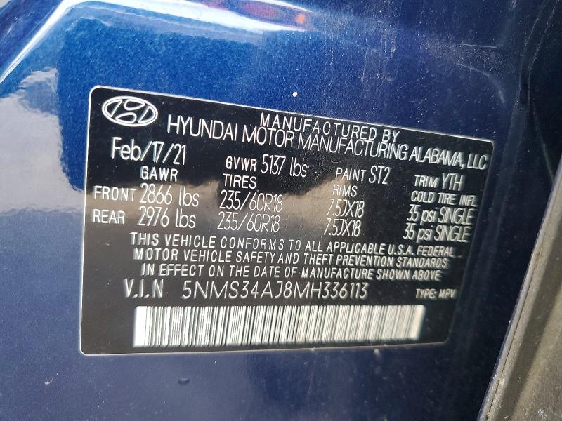 2021 Hyundai Santa Fe მანქანა იყიდება აუქციონზე, vin: 5NMS34AJ8MH336113, აუქციონის ნომერი: 55276086