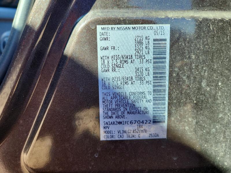 Продаж на аукціоні авто 2015 Nissan Path Sl, vin: 5N1AR2MM1FC670422, номер лоту: 57730146