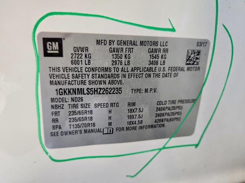Aukcja sprzedaży 2017 Gmc Acadia, vin: 1GKKNMLS5HZ262235, numer aukcji: 56874676