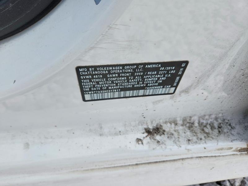 Продаж на аукціоні авто 2017 Volkswagen Passat, vin: 1VWBT7A32HC017617, номер лоту: 56395096