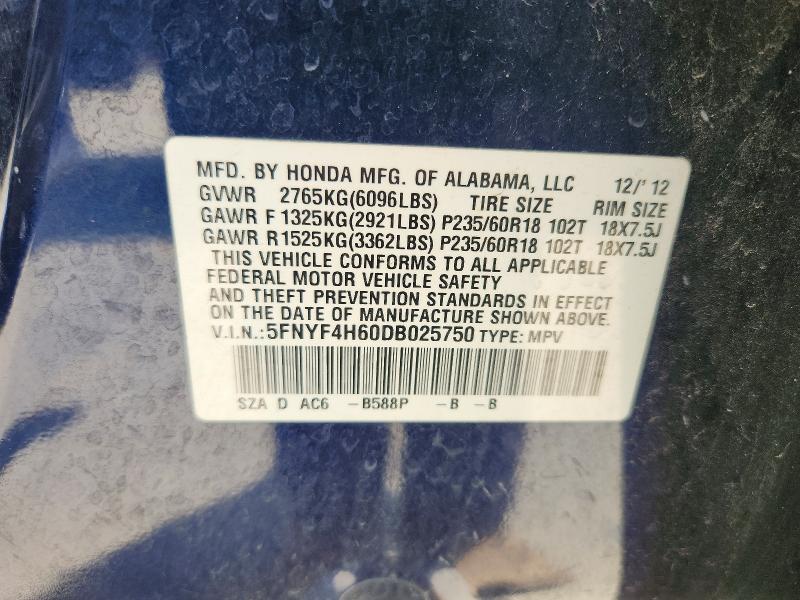 56093946 :رقم المزاد ، 5FNYF4H60DB025750 vin ، 2013 Honda Pilot مزاد بيع