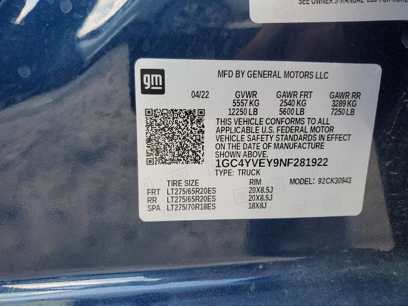 Продаж на аукціоні авто 2022 Chevrolet Silverado, vin: 1GC4YVEY9NF281922, номер лоту: 57000016
