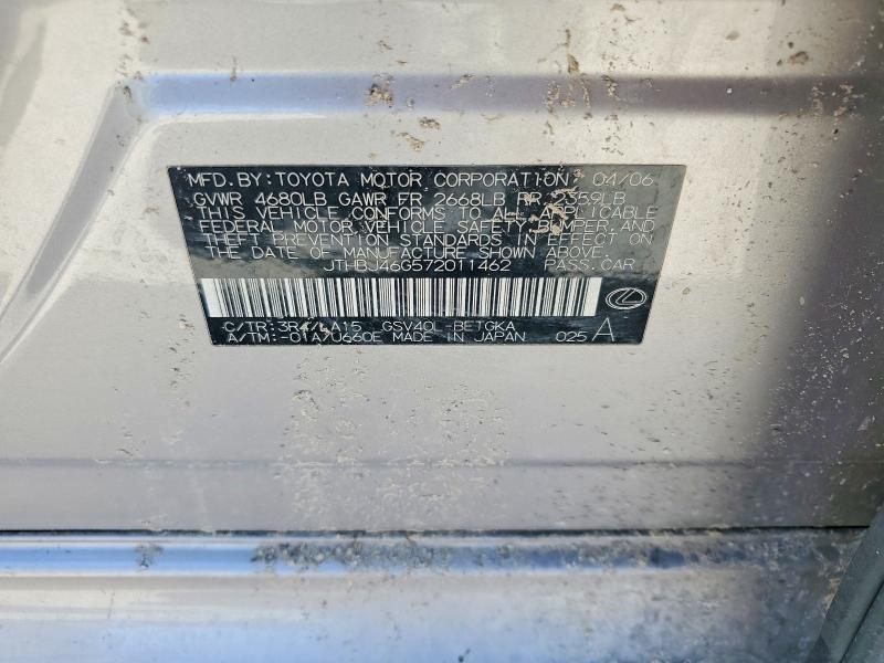 2007 Lexus Es მანქანა იყიდება აუქციონზე, vin: JTHBJ46G572011462, აუქციონის ნომერი: 58324316