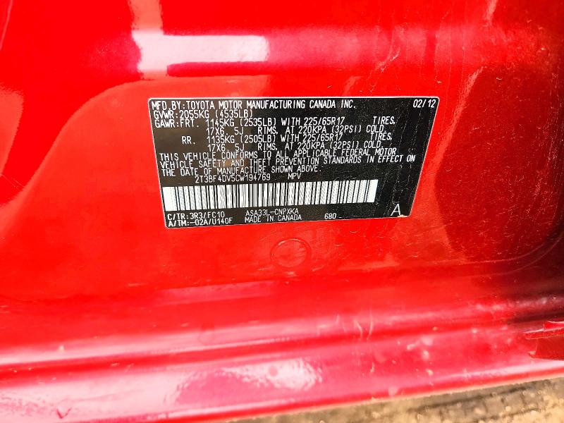 Aukcja sprzedaży 2012 Toyota Rav4, vin: 2T3BF4DV5CW194769, numer aukcji: 55963716