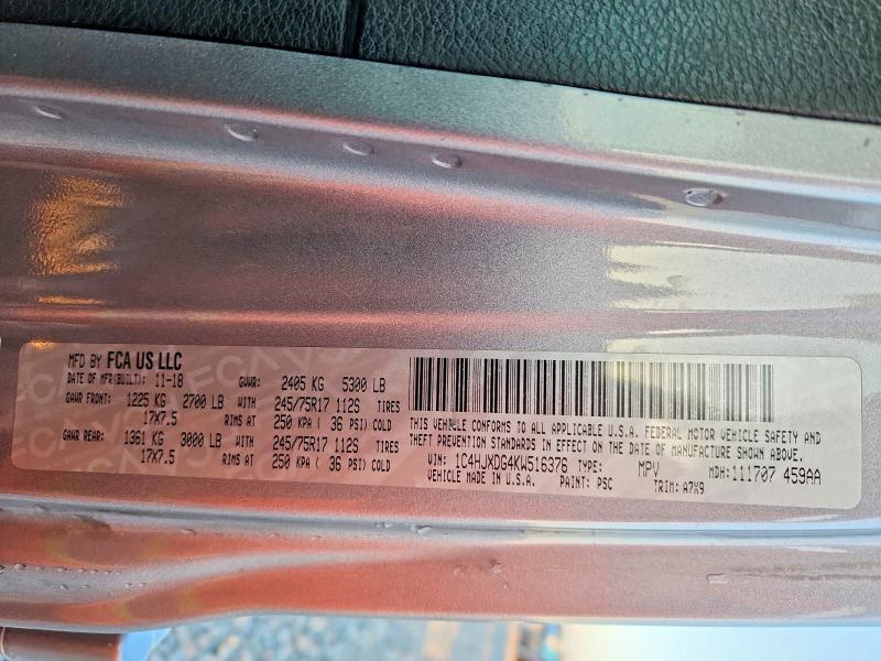 58465806 :رقم المزاد ، 1C4HJXDG4KW516376 vin ، 2019 Jeep Wrangler Unlimited مزاد بيع