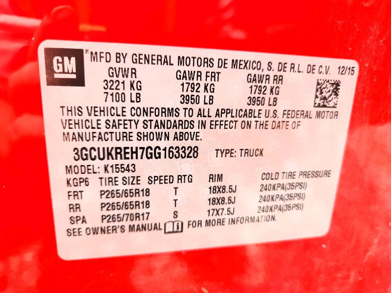 Продаж на аукціоні авто 2016 Chevrolet Silverado, vin: 3GCUKREH7GG163328, номер лоту: 58832816