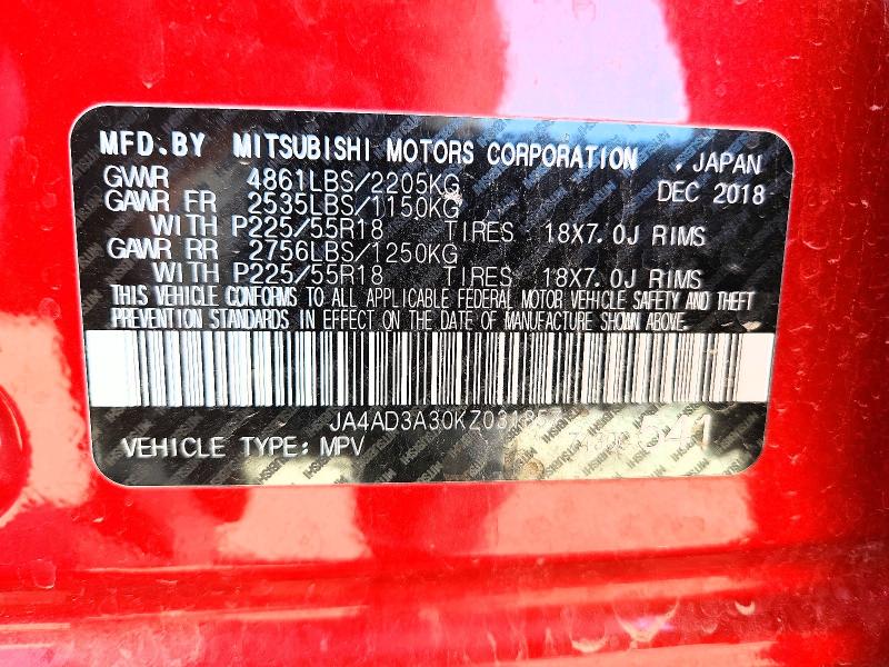 Продажа на аукционе авто 2019 Mitsubishi Outlander, vin: JA4AD3A30KZ031857, номер лота: 57591306