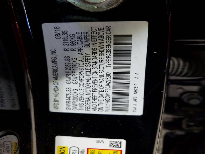 56541686 :رقم المزاد ، 1HGCV1F30JA225280 vin ، 2018 Honda Accord مزاد بيع