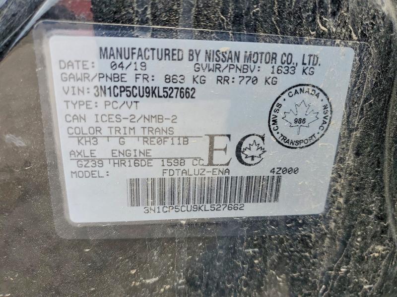 57652416 :رقم المزاد ، 3N1CP5CU9KL527662 vin ، 2019 Nissan Kicks مزاد بيع