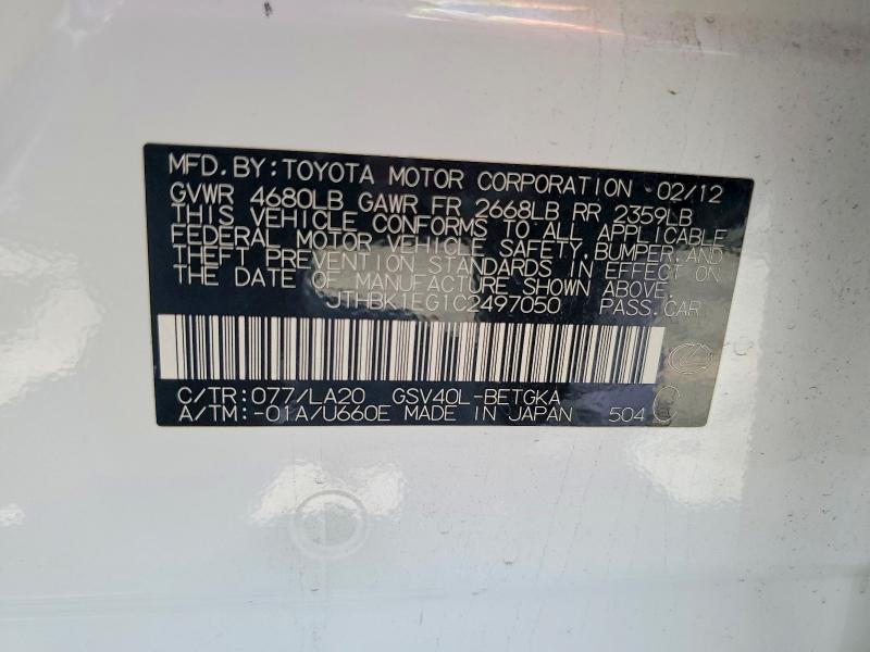 Продаж на аукціоні авто 2012 Lexus Es, vin: JTHBK1EG1C2497050, номер лоту: 58966556