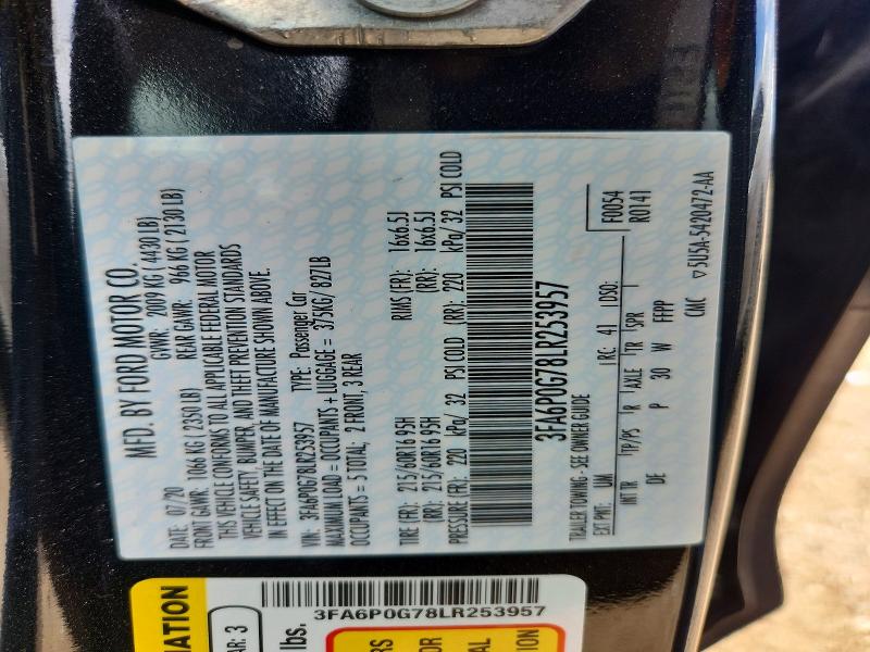 57234716 :رقم المزاد ، 3FA6P0G78LR253957 vin ، 2020 Ford Fusion مزاد بيع