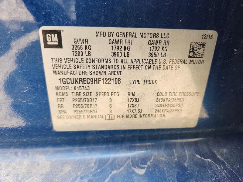 2017 Chevrolet Silverado მანქანა იყიდება აუქციონზე, vin: 1GCUKREC9HF122108, აუქციონის ნომერი: 58232566