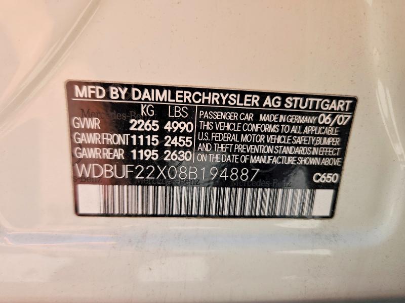 59605366 :رقم المزاد ، WDBUF22X08B194887 vin ، 2008 Mercedes-benz E مزاد بيع