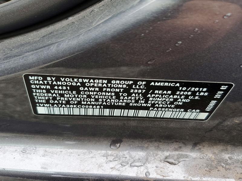 2019 Volkswagen Passat მანქანა იყიდება აუქციონზე, vin: 1VWLA7A36KC006461, აუქციონის ნომერი: 56316796