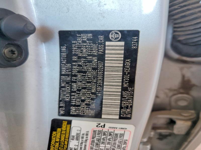 2006 Toyota Camry მანქანა იყიდება აუქციონზე, vin: 4T1BF32K96U632807, აუქციონის ნომერი: 55942776