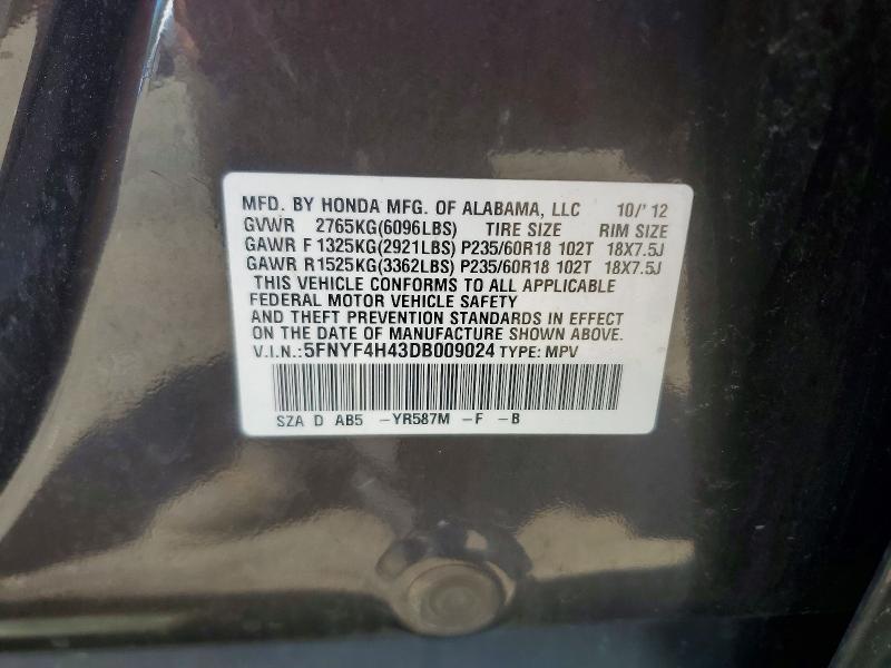 Продаж на аукціоні авто 2013 Honda Pilot, vin: 5FNYF4H43DB009024, номер лоту: 55755396