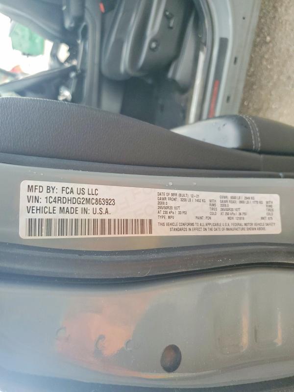 57957866 :رقم المزاد ، 1C4RDHDG2MC863923 vin ، 2021 Dodge Durango مزاد بيع